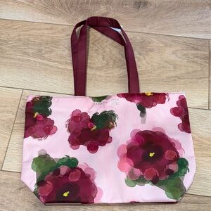 Clinique Pink Floral Tote with Red and Green Accents